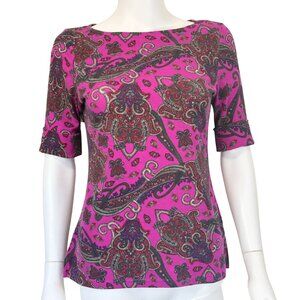 Lauren Ralph Lauren Top Womens M Purple Pink Paisley Print Stretch Cotton Blend